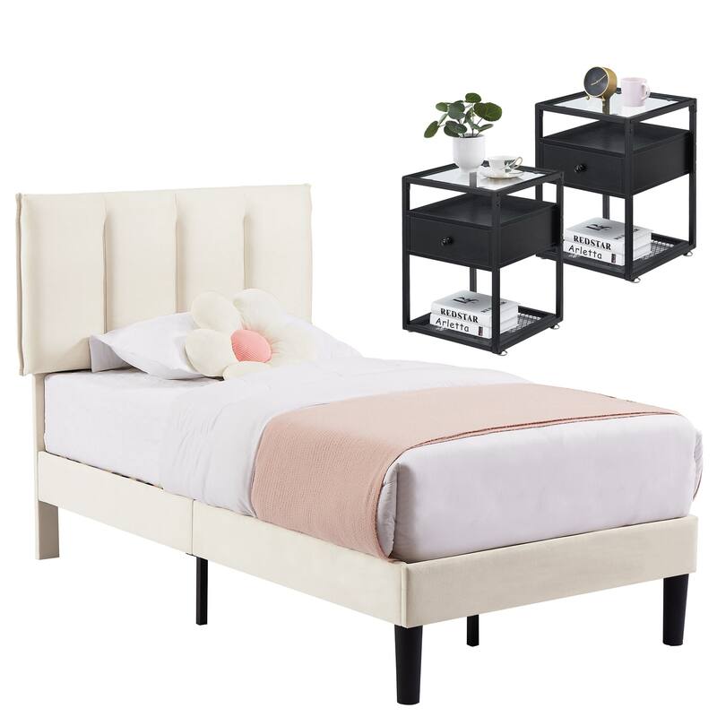 VECELO, Five Colors, 3-Pieces Tufted Upholstered Platform Bed Frame with Adjustable Height Headboard and Nightstands Set of 2