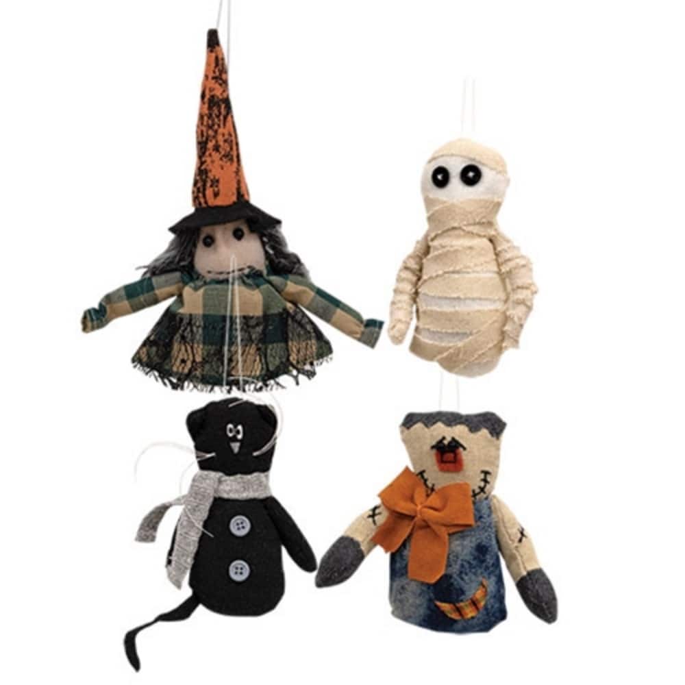 Primitive Fabric Halloween Plush Ornaments Decorations with Hanging Loop 4 Asstd. - 7" H x 5" W x 1.5" D