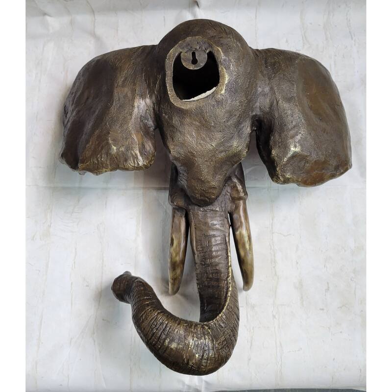 Wall Mounted Hanging Bronze Imitative Elephant Head Bust Sculpture Statue Decor Signed Original Art
