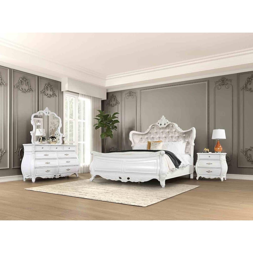 Formal Traditional White and Tan Finish Bedroom Furniture Set with Wingback Bed