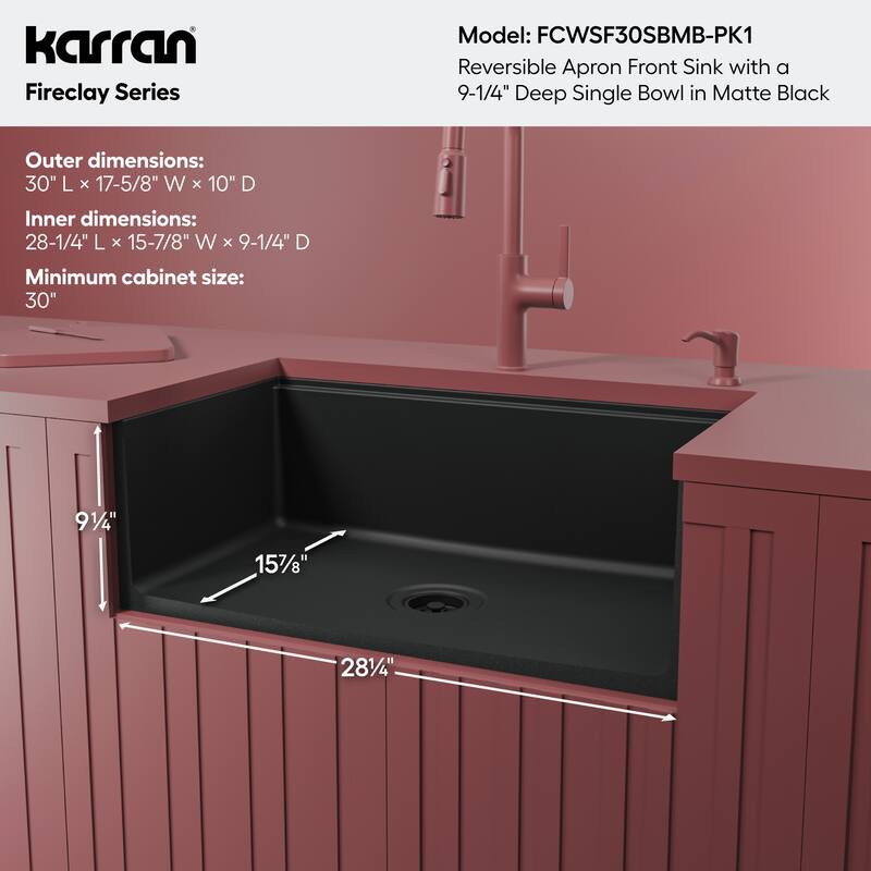 Karran 30" Single Bowl Workstation Fireclay Kitchen Sink with Reversible Fluted Apron Front