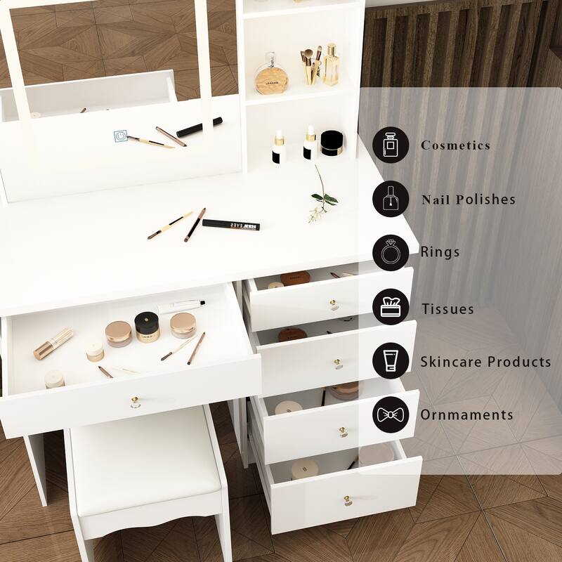 Makeup Vanity Set with Stool and 3 Color Touching Mirror Dresser Table - 39.4"W