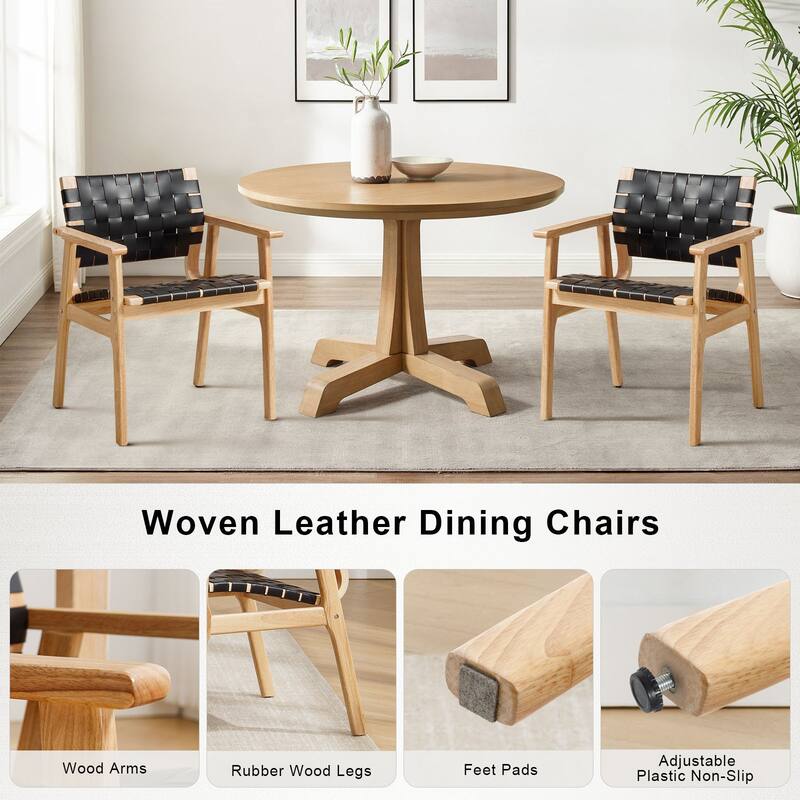 Woven Leather Dining Chairs with Solid Wood Frame - 29.7"H x 21.7"W x 22.8"D
