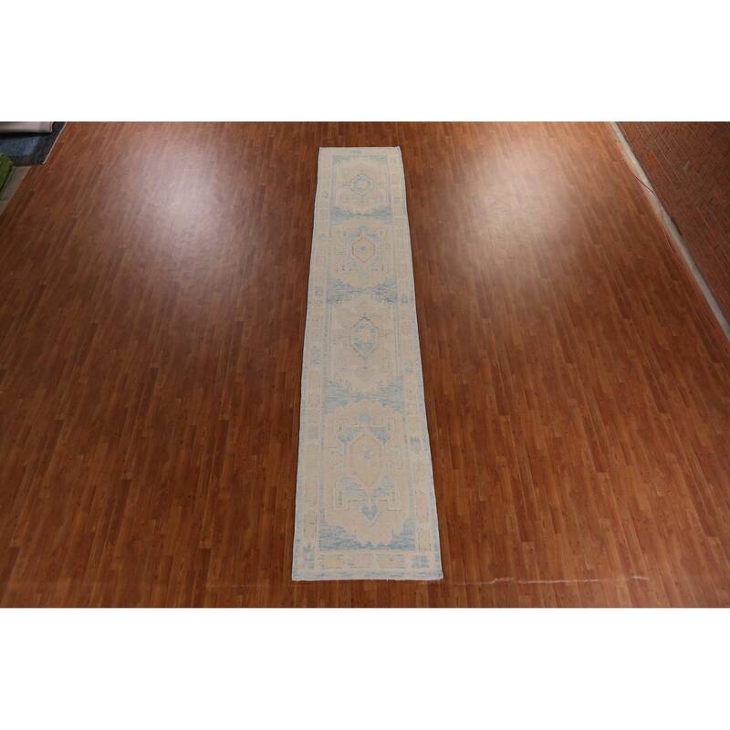 Hand Knotted Oriental 100% Wool Carpet Transitional Geometric Navy Blue & Blues Oushak Runner Rug - 16' 3'' X 3' 4''