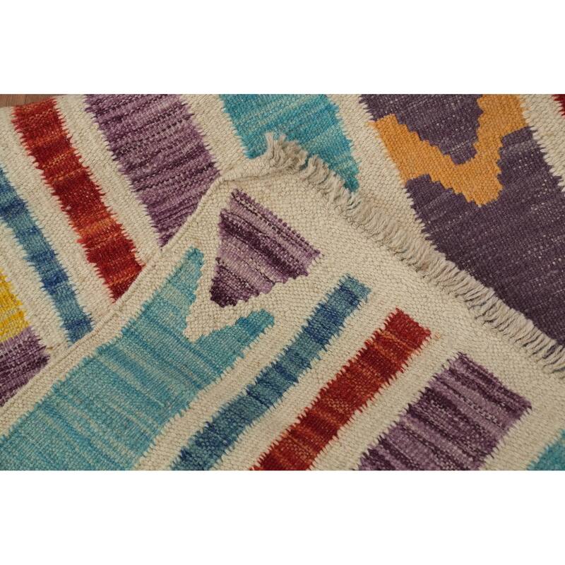 Hand Woven Oriental 100% Wool Carpet Southwestern Tribal Multi-Colored Kilim Runner Rug - 12' 0'' X 2' 8''
