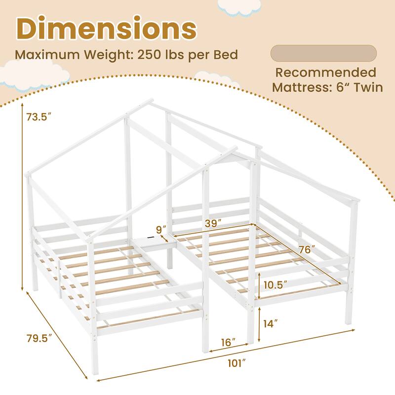 Gymax Double Twin Size Bed Frames for Kids with Built-in Table & USB