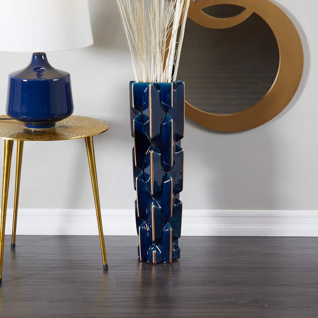 Teal Ceramic Faceted Decorative Vase with Gold Accents