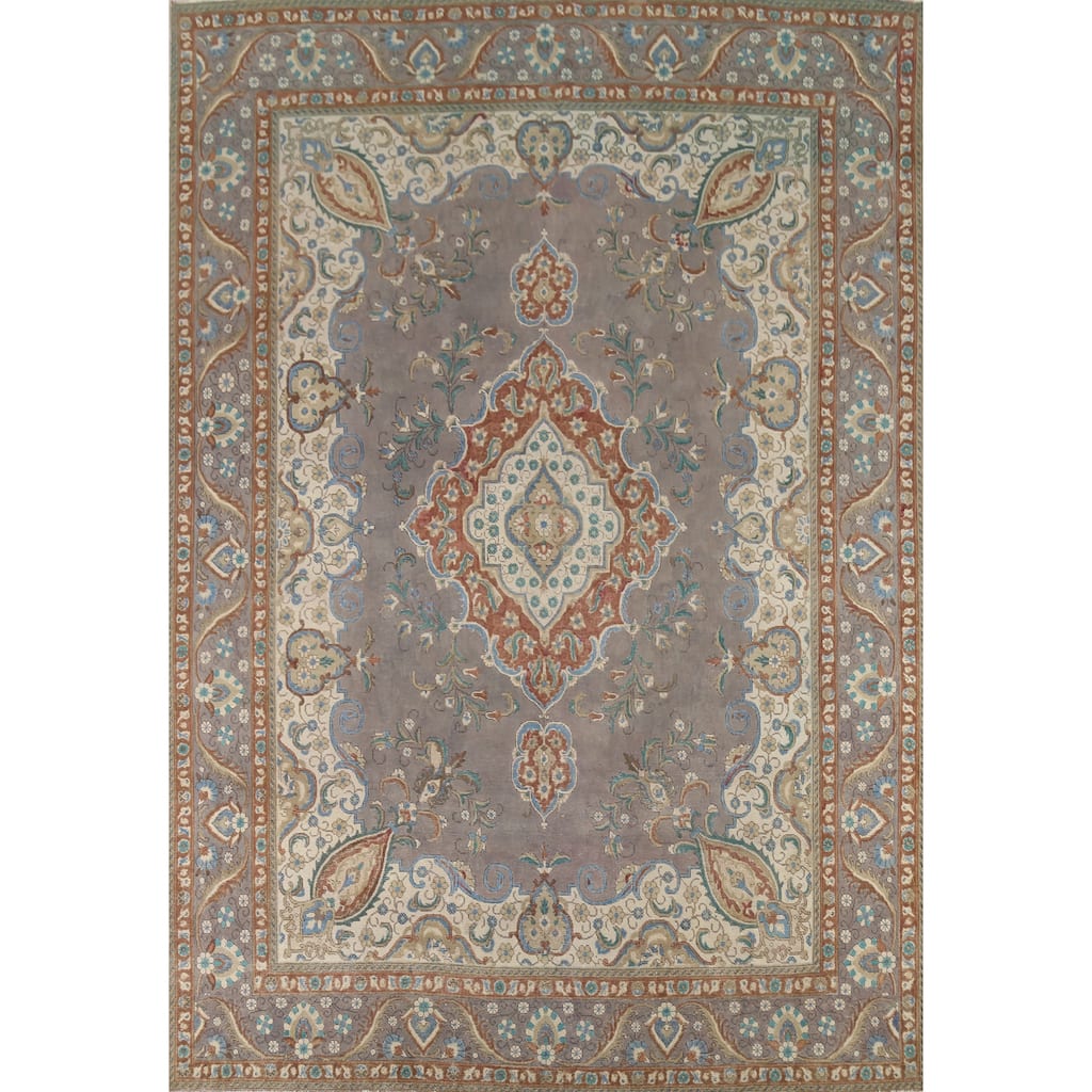 Gray Tabriz Persian Vintage Area Rug Handmade Floral Wool Carpet - 9'9"x 12'10"