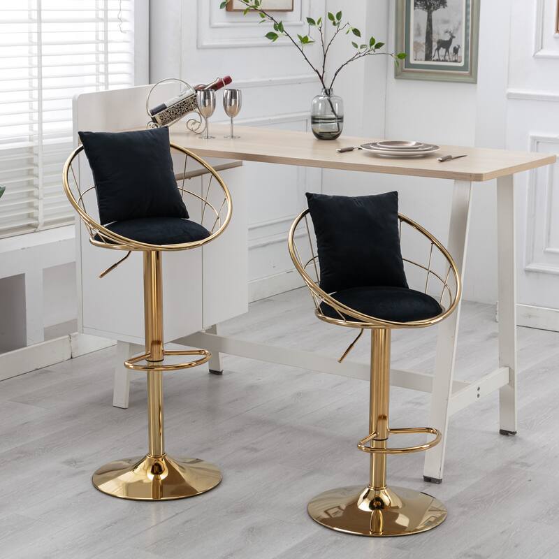 Velvet Bar Chair, Pure Gold Plated, 360 Degree Rotation, Adjustable Height, For Dinning Room And Bar, Set Of 2