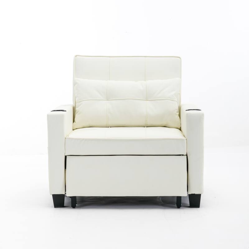 Leather Futon Armchair Bed with USB, Cup Holders & 3-Position Backrest