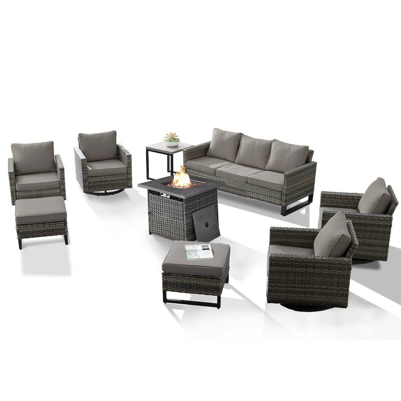 4 Patio Swivel Chairs with Sofa and Fire Pit Table