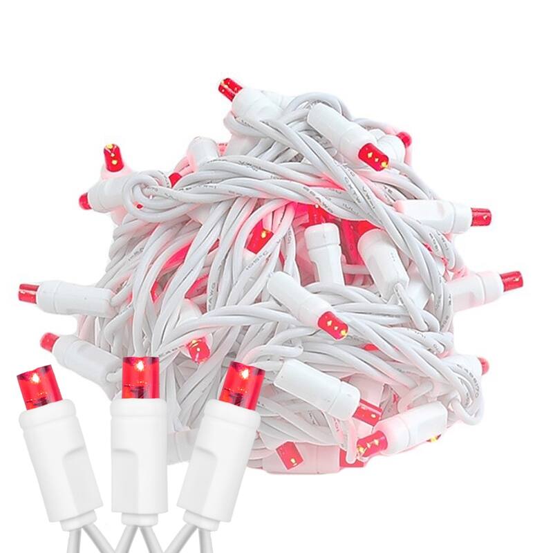 50 Light LED Christmas Mini Light Set, Patio Lights, Warm White, White Wire, 11’ - Red