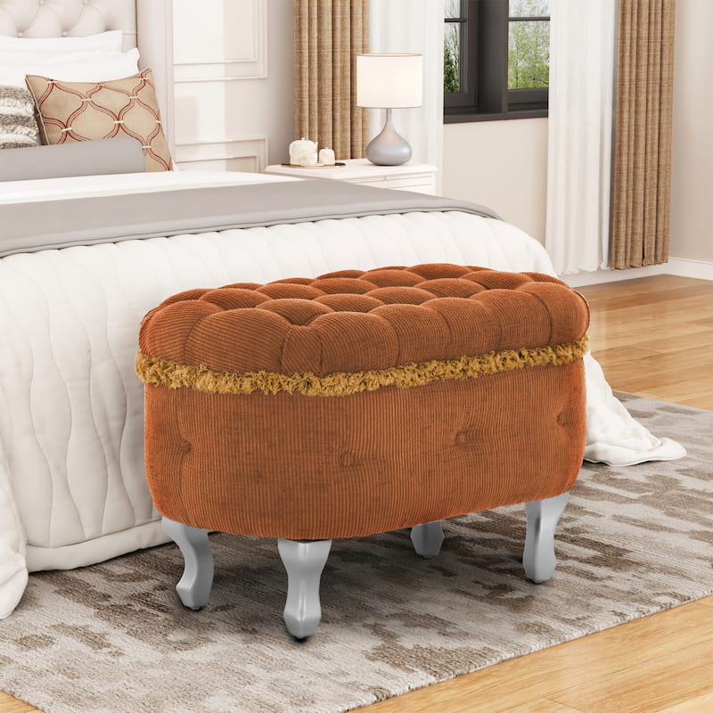Roomfitters Upholstered Storage Bench with Button Tufted Top, End of Bed Bench with Fringe and Curved Legs