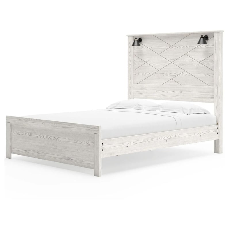 Hara Queen Panel Bed with 2 Sconce Lights, Rustic Light Gray-White Wood