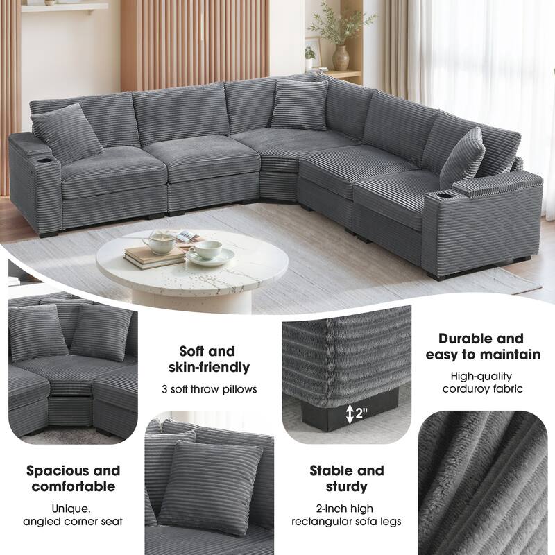 106" Convertible L-Shaped Modular Corduroy Sectional Sofa with Armrest Storage Cup Holders USB Charger Corner Couch