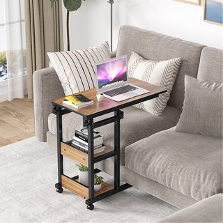 Height Adjustable C Table, Sofa Side Tables, Mobile End Table with Storage Shelves