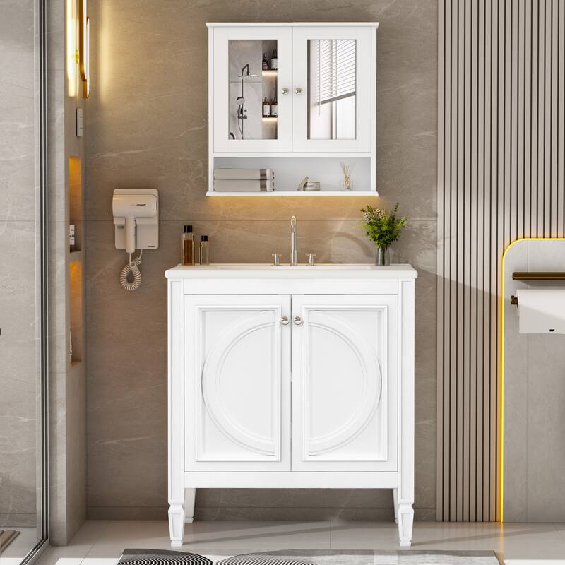 30" Bathroom Vanity with Matching Mirror Medicine Cabinet Combo Set, Modern Bathroom Storage Cabinet with Ceramic Sink - White
