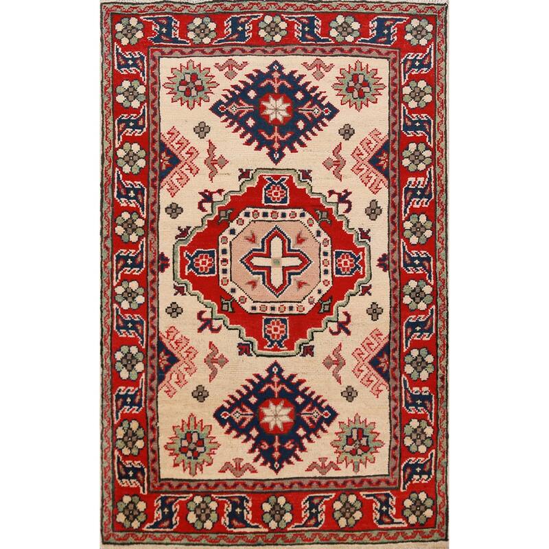 Ivory Kazak Foyer Rug Traditional Handmade Wool Carpet - 2'9"x 4'0"