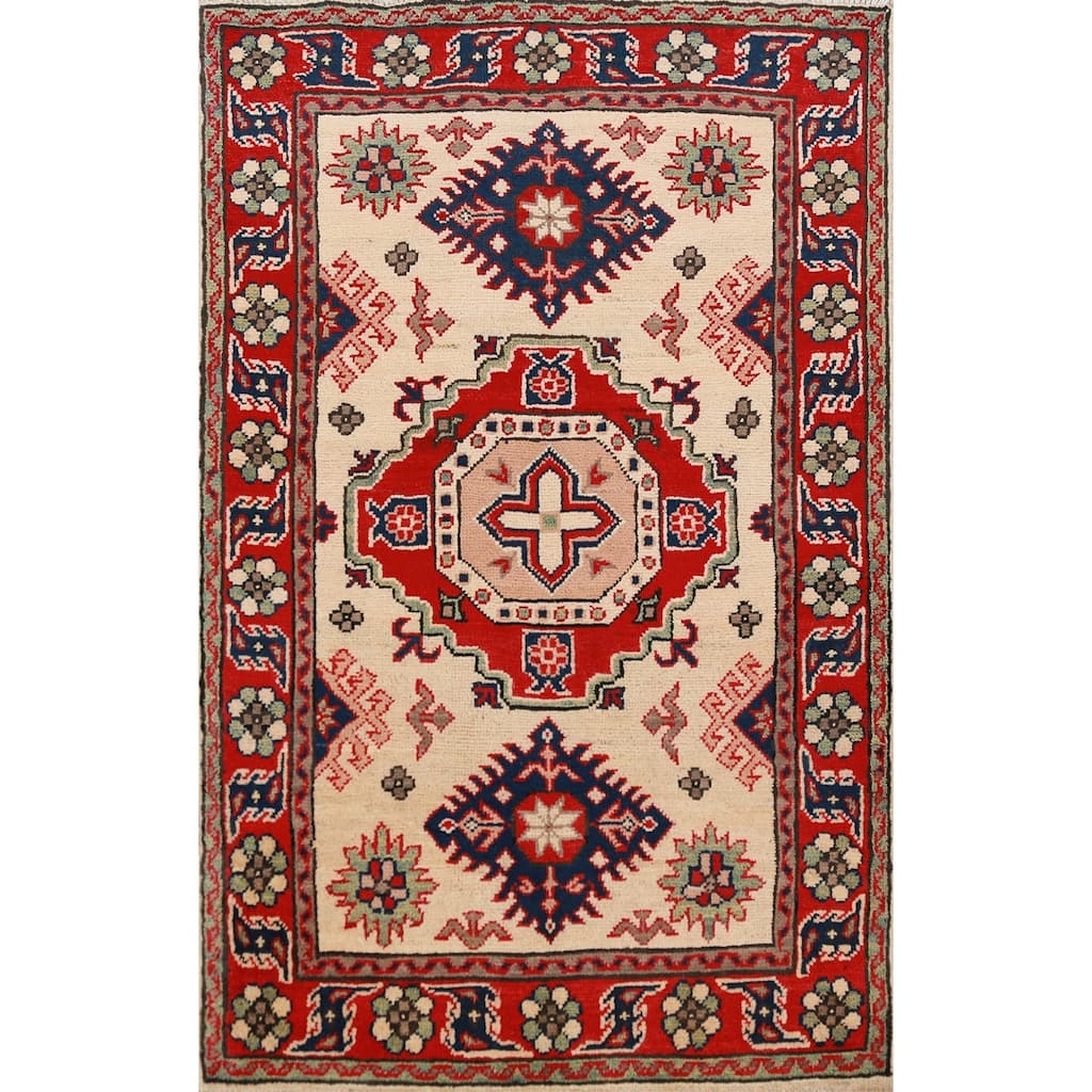 Ivory Kazak Foyer Rug Traditional Handmade Wool Carpet - 2'9"x 4'0"