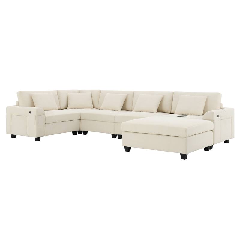 U Shaped Sectional Sofa with Ottoman, Chenille 6 Seater Sofa with Hidden Armrest Storage, Cup Holders & USB Charging Ports