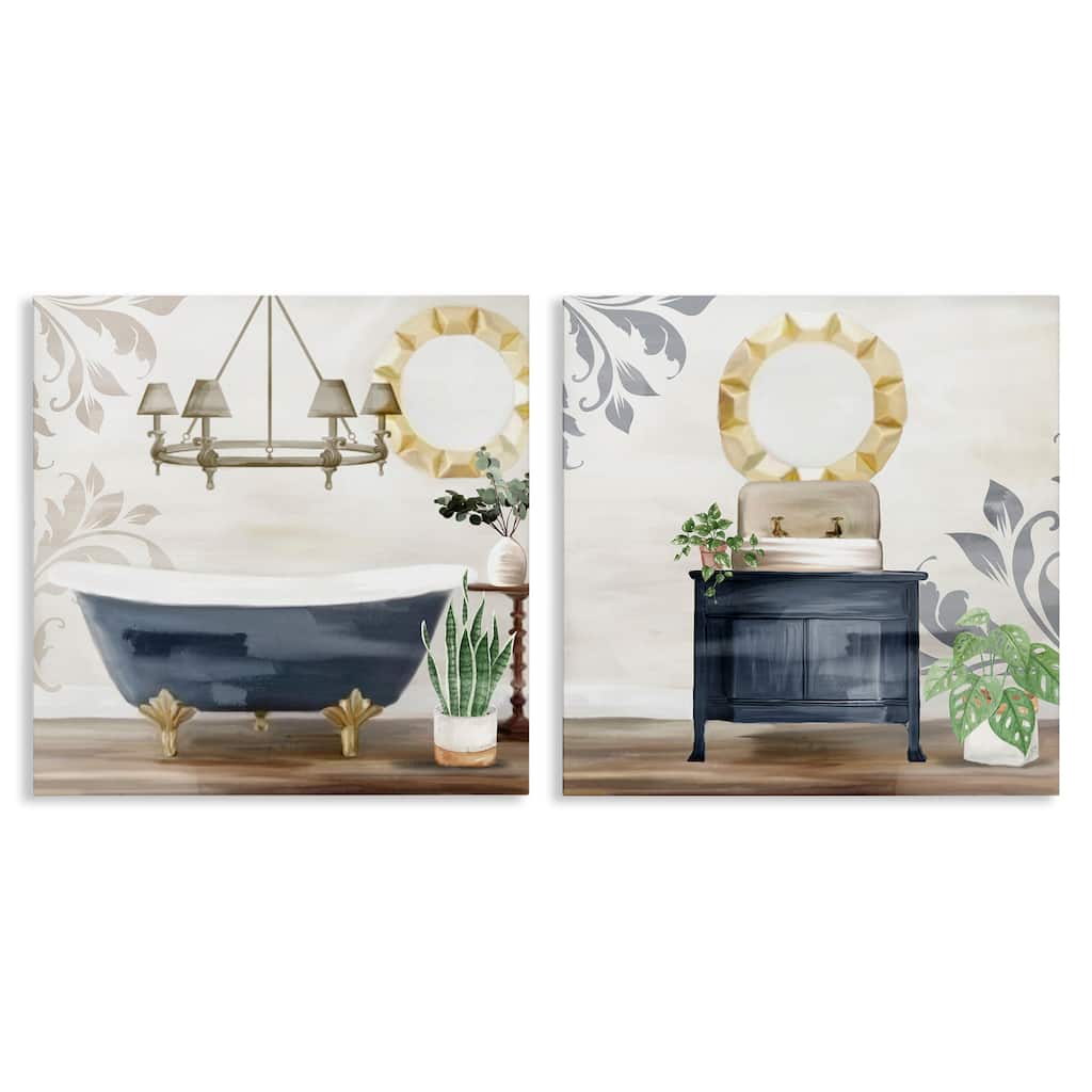Stupell Chic Bathroom Interior Still Life Bathtub Sink Plants 2pc Multi Piece Canvas Wall Art Set - Blue