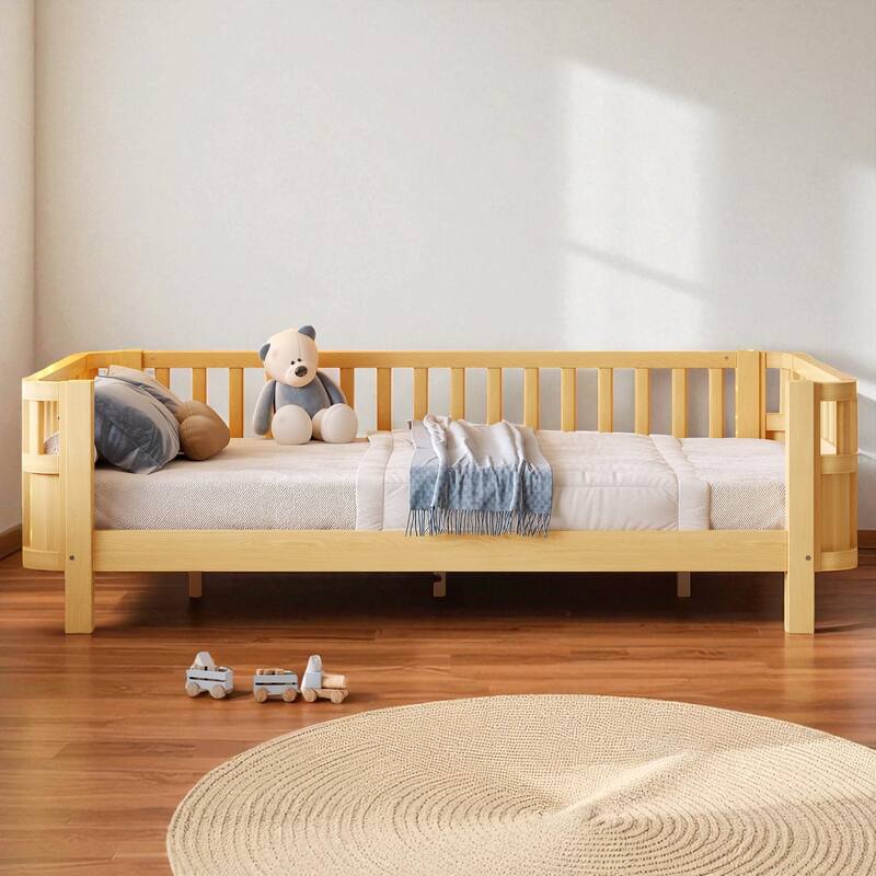 Wood Platform Bed with Guardrails & Detachable Fence, Twin/Full/Twin XL/Queen Size Kids Bed, Safety Design, No Box Spring