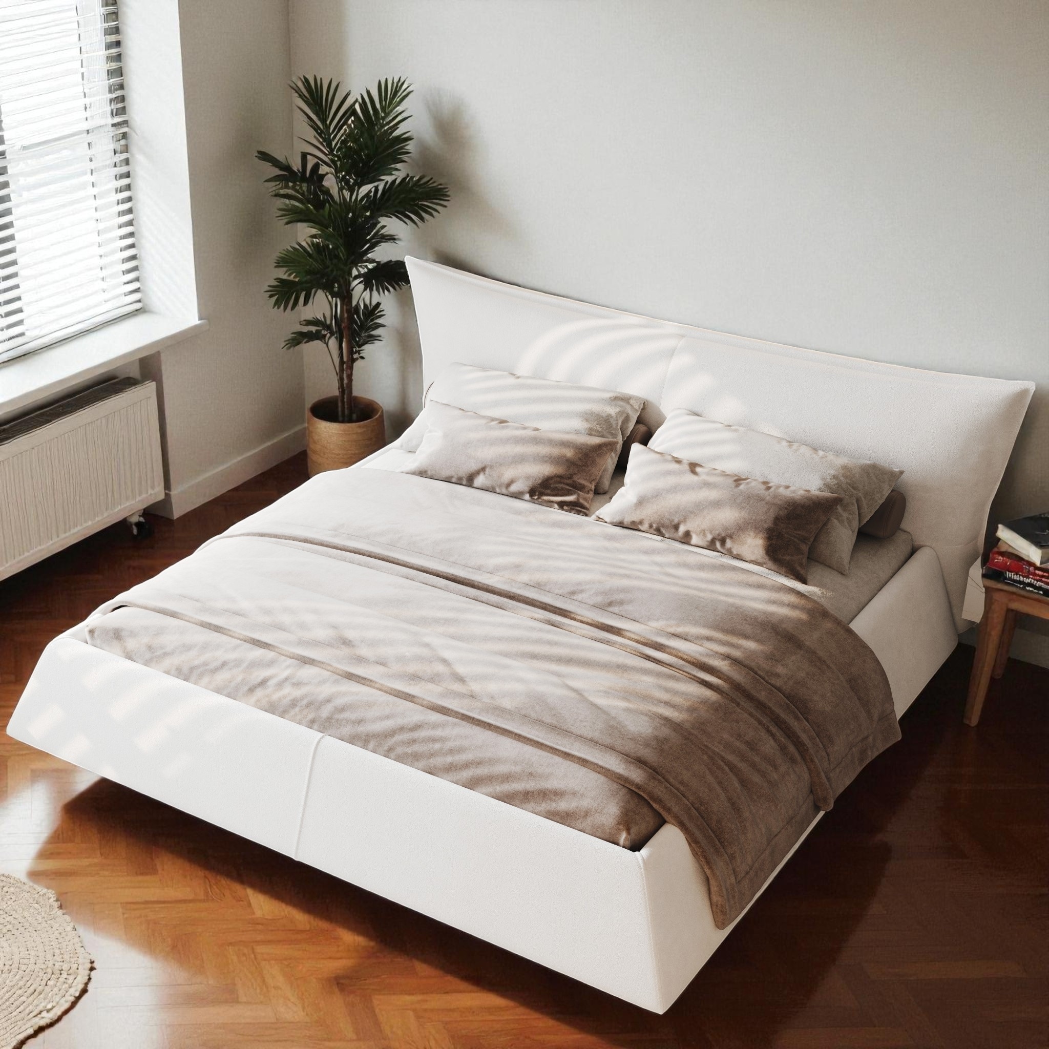 Queen Upholstered Platform Bed with Velvet Headboard, Solid Wood and Metal Frame, No Box Spring Needed