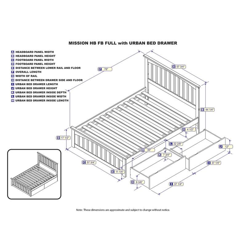 Mission Full Platform Bed with Matching Foot Board with 2 Urban Bed Drawers in Grey
