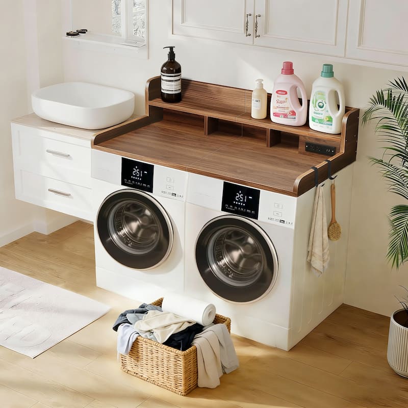 2-Tier Washer and Dryer Countertop with Power Outlet for Fold Clothes, Laundry Topper with Non-Slip Pads and Storage Basket
