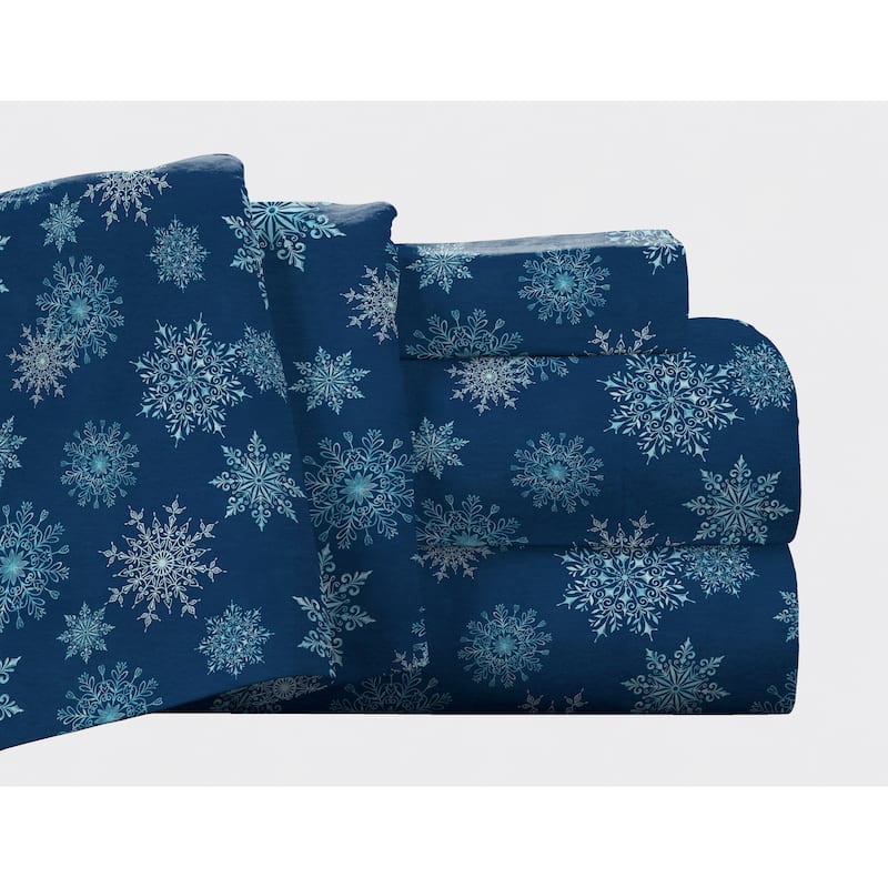 Pointehaven Superior Weight Cotton Deep Pocket Flannel Bed Sheet Set - Twin - Snow Flakes Navy