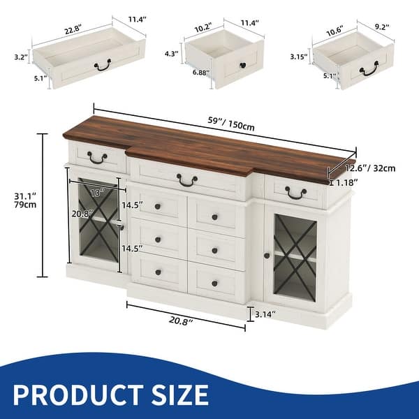 dimension image slide 1 of 3, Moasis 59" Farmhouse Coffee Bar Cabinet Buffet Cabinet Sideboard Cabinet With 9 Drawers & Adjustable Shelving