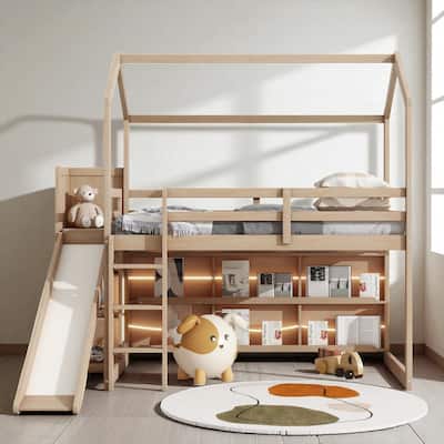Twin Size Wood House Loft Bed with Slide, Storage Shelves, Light and Climbing Ramp, Full Guardrails