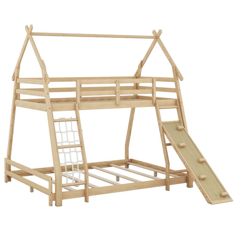 Twin Over Queen House Bunk Bed with Climbing Nets & Climbing Ramp