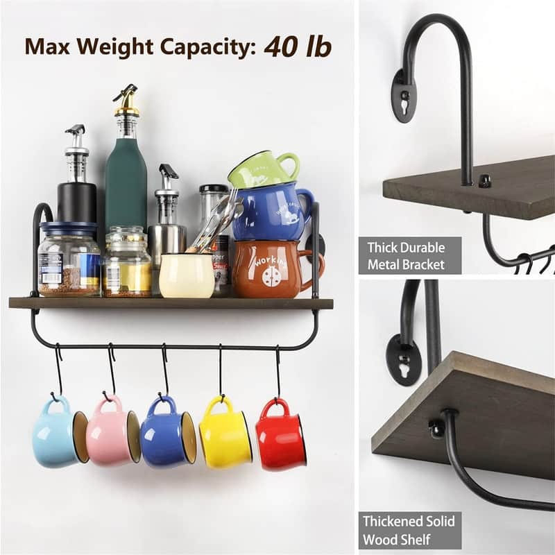 Floating Wall Shelves for Kitchen Bathroom Coffee Nook - 2"D x 17"W x 5.9"H