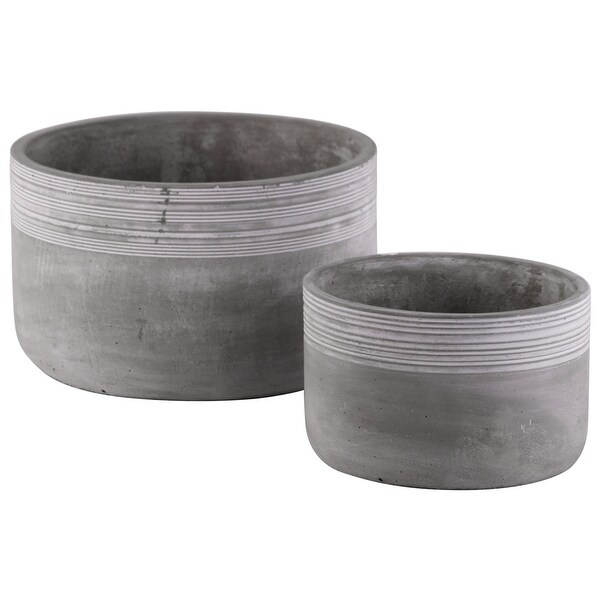 Cement Low Round Pot With Ribbed Band Rim Top, Set of 2, Gray