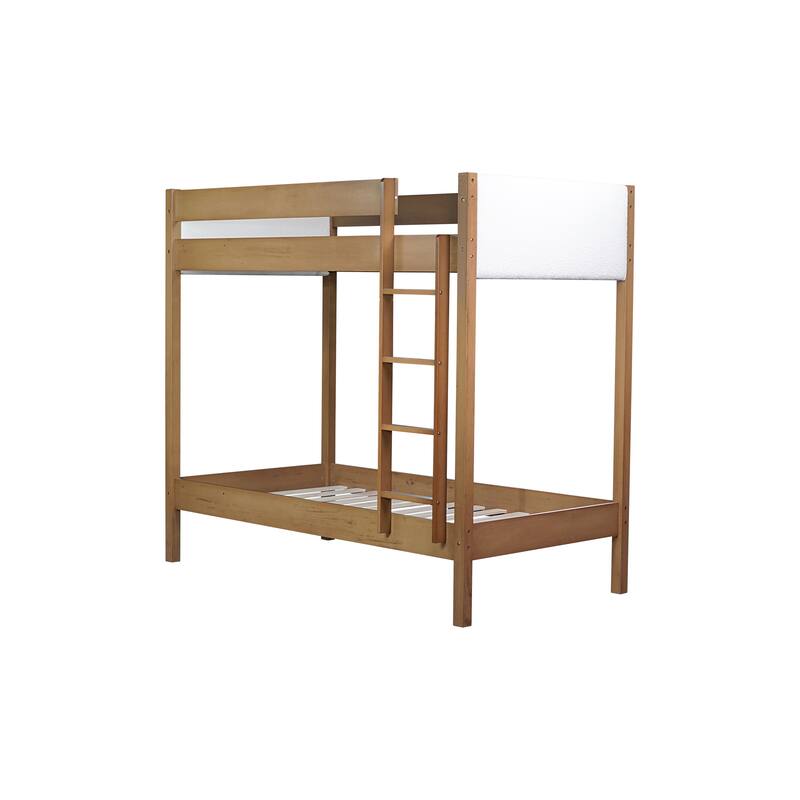 Twin Over Twin Bunk Bed with Upholstered Headboard and Footboard, Ladder, Safety Guardrails, Rubber Wood, Natural