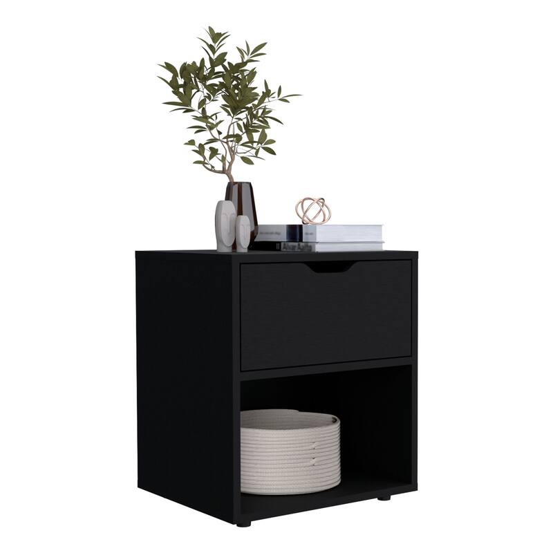 Compact Nightstand with Drawer and Open Shelf, Black Finish, Ideal for Small Spaces