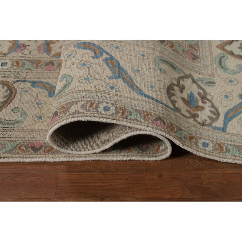 Floral Tabriz Persian Area Rug Oriental Hand-Knotted Beige Wool Carpet - 9'11"x 11'9"