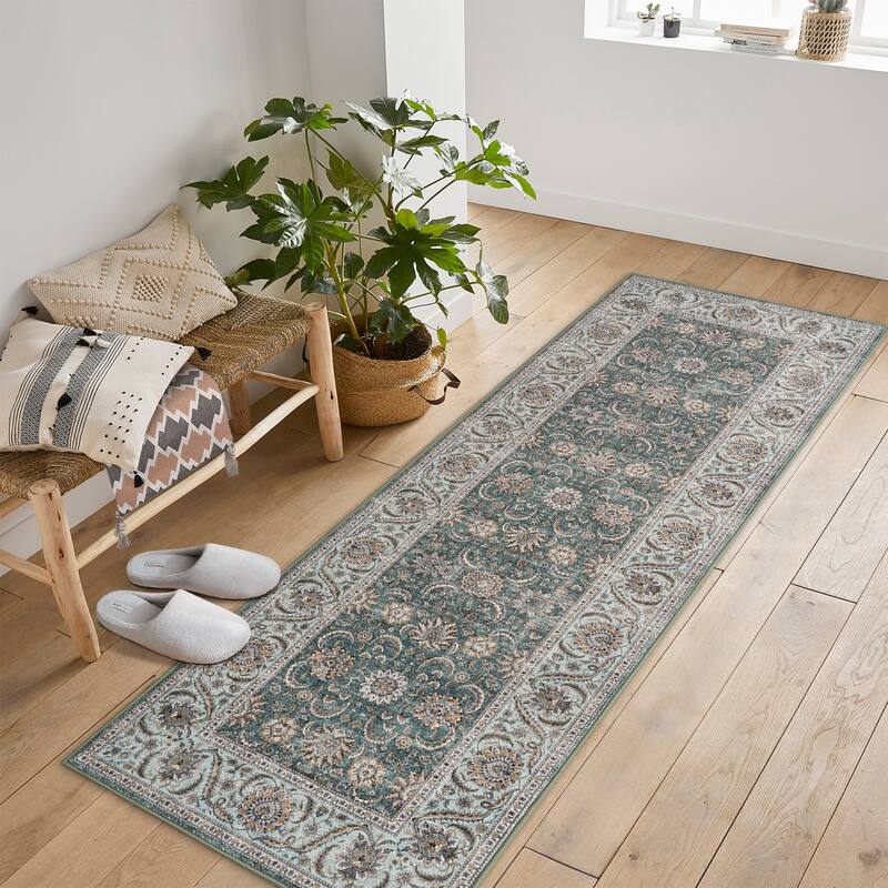 Washable Area Rugs for Living Room Stain Resistant Carpet Vintage Rugs Bedroom Low Pile Non Slip Accent Carpet - 2' x 6' Runner - Green