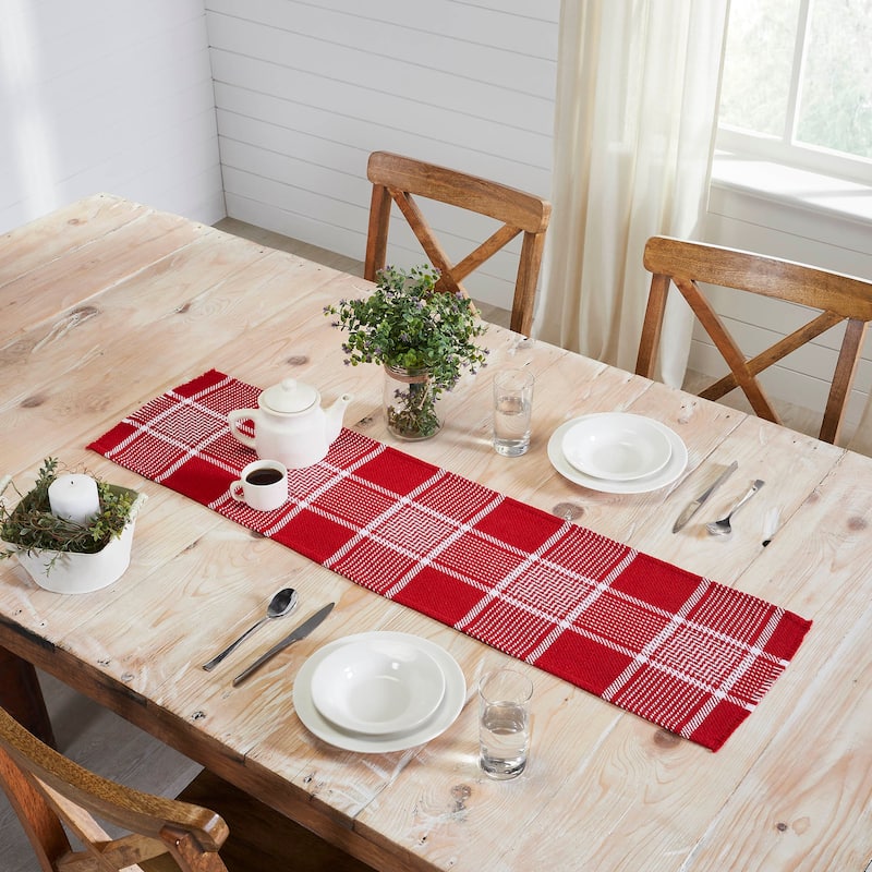 Eston Red White Plaid Runner Fringed 12x36