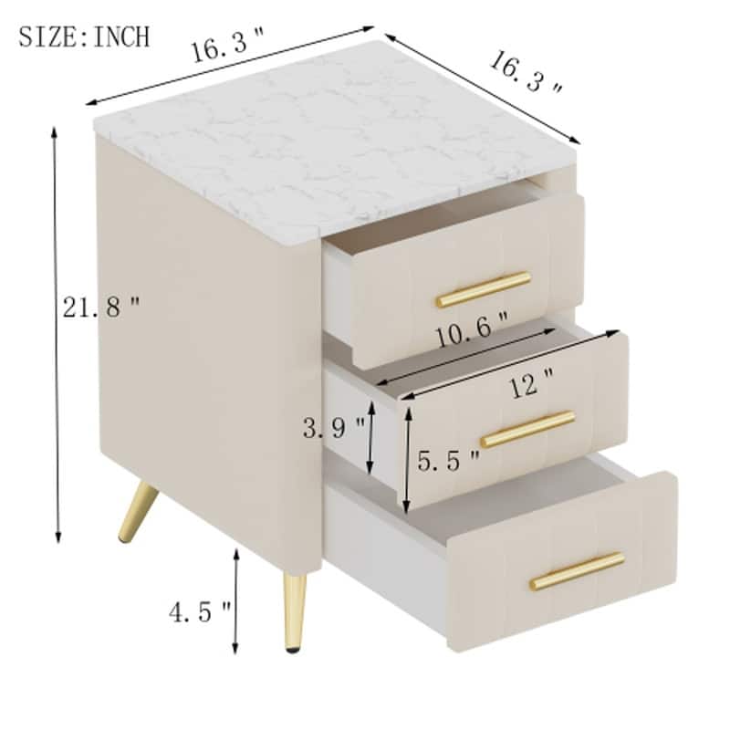Velvet Nightstand with Storage, Round /Square Bedside Table with 3 Drawers, Metal Handles,Marbling Stickers Top