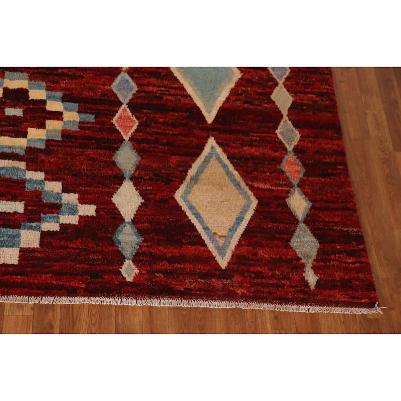 Red Geometric Moroccan Oriental Rug Hand-Knotted Tribal Wool Carpet - 8'1" x 9'9"