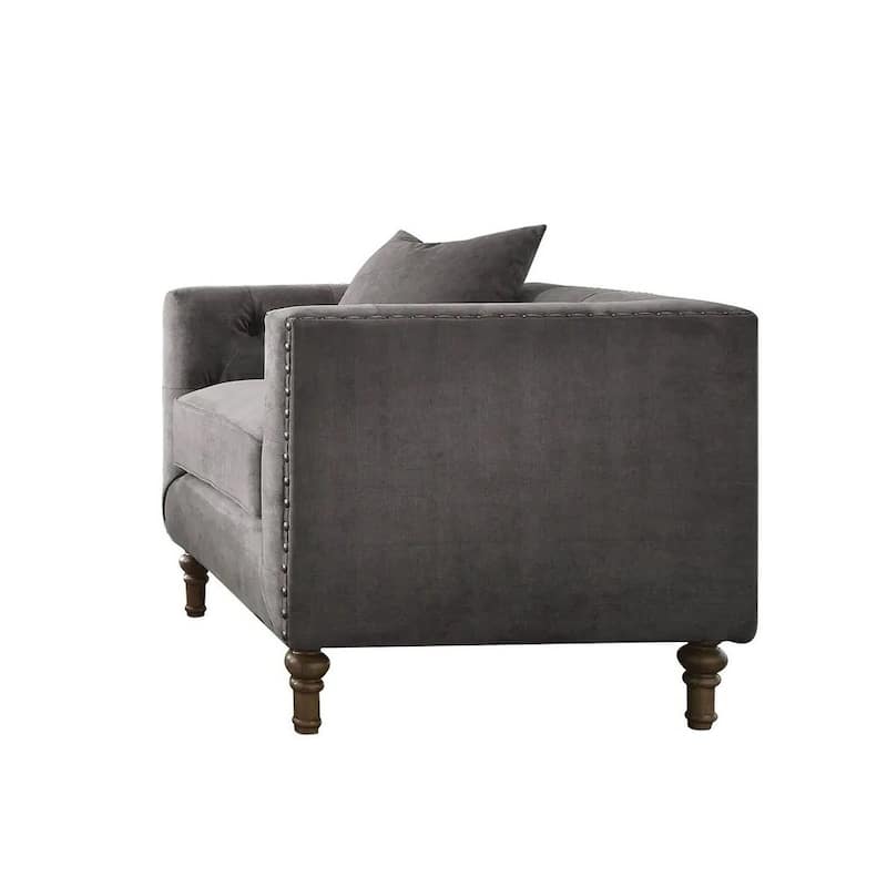 HomeRoots 41" Gray and Antiqued Brass Velvet Tufted Arm Chair And Toss Pillow - 41' X '31' X '34