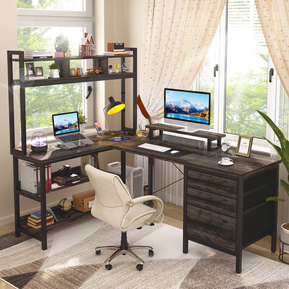 Ultimate L-Shape Gaming Desk with Bookshelf Hutch and 3 Fabric Drawers, Computer Desk with Power Outlets and LED Lights