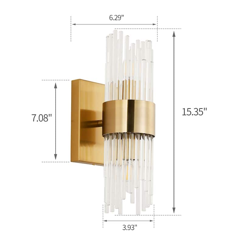 2-Light Modern Brass Wall Sconce with Clear Ribbed Glass Shade