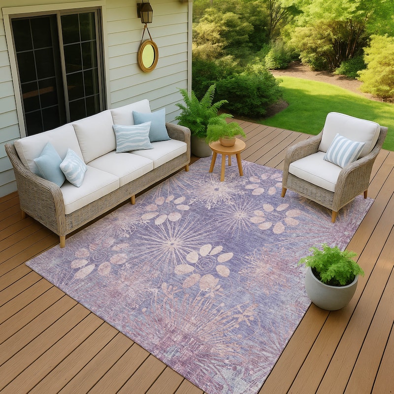 Machine Washable Indoor/ Outdoor Floral Geo Chantille Rug - Purple - 8' x 10'