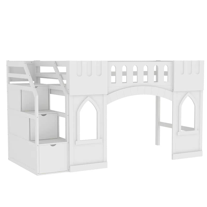 Twin Size Loft Bed with Storage Staircase and Window, Wood Twin Loft Bunk Bedframe w/Full-Length Guardrail, No Box Spring Needed