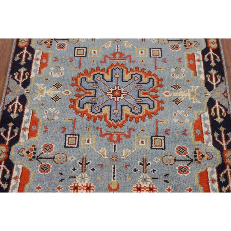Light Blue Geometric Kazak Rug Hand-Knotted Wool Carpet - 3'0" X 5'2"