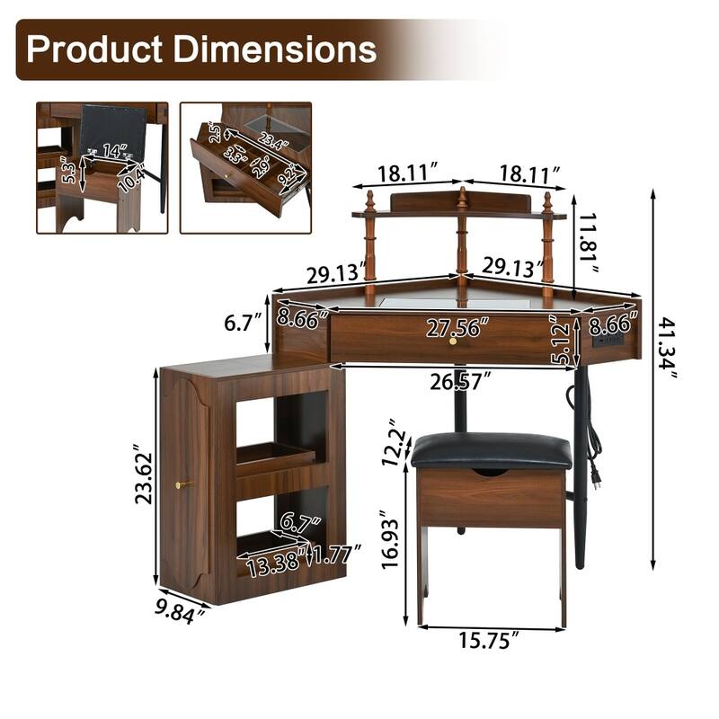 Triangle Makeup Desk Corner Vanity Set with Storage Stool & Pull-Out Side Cabinet