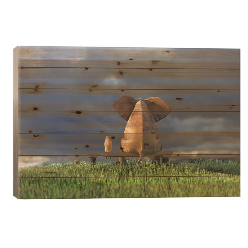 Elephant And Dog Sit On Green Grass Field Print On Wood by Mike Kiev - Multi-Color - 18x26x1.5